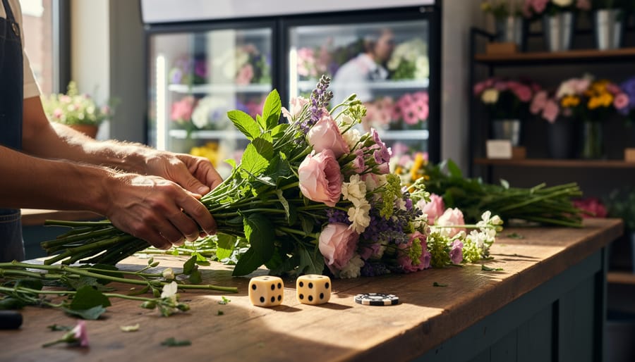 Close-up of a florist arranging a bouquet on a wooden counter with two dice and a poker chip in the foreground, blurred flower cooler and shelves in the background