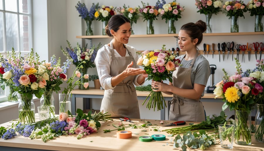 Floristry instructor teaching technique to small group of students in classroom