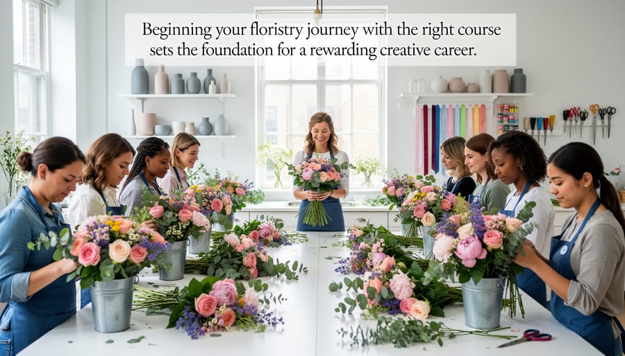 Woman planning floristry business at desk surrounded by floral arrangements