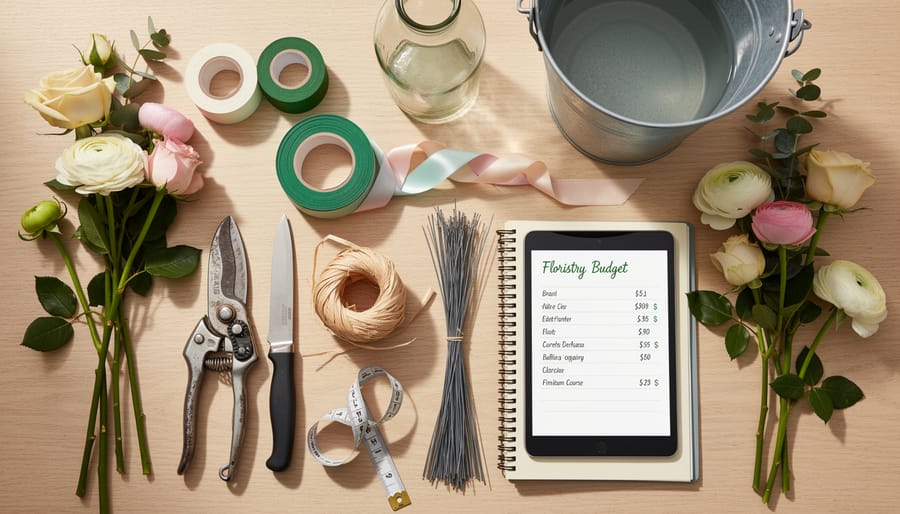Overhead view of essential floristry tools and supplies arranged on marble surface