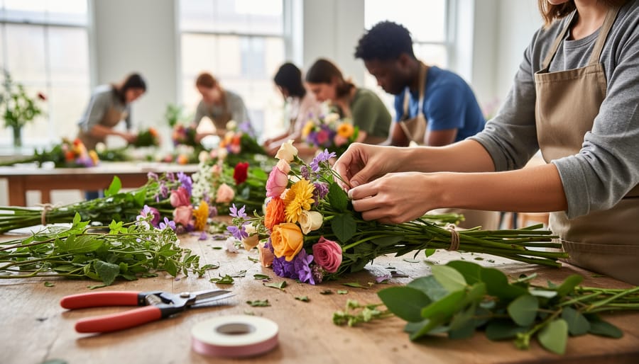 Student hands arranging fresh roses and lilies during floristry class