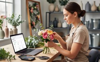 Aspiring florist at a studio workbench comparing course options on a laptop while assembling a bouquet; calculator, shears, and premium roses, ranunculus, and eucalyptus on the table; soft natural light with blurred shelves of vases and flower buckets in the background.