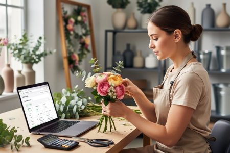 Aspiring florist at a studio workbench comparing course options on a laptop while assembling a bouquet; calculator, shears, and premium roses, ranunculus, and eucalyptus on the table; soft natural light with blurred shelves of vases and flower buckets in the background.