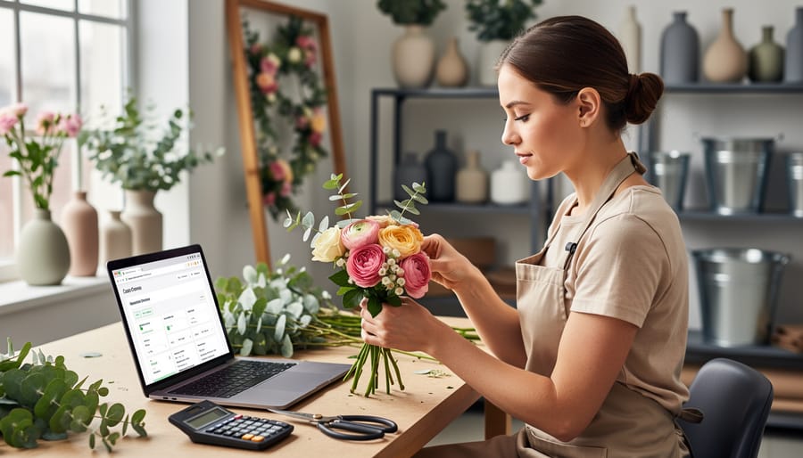 Aspiring florist at a studio workbench comparing course options on a laptop while assembling a bouquet; calculator, shears, and premium roses, ranunculus, and eucalyptus on the table; soft natural light with blurred shelves of vases and flower buckets in the background.