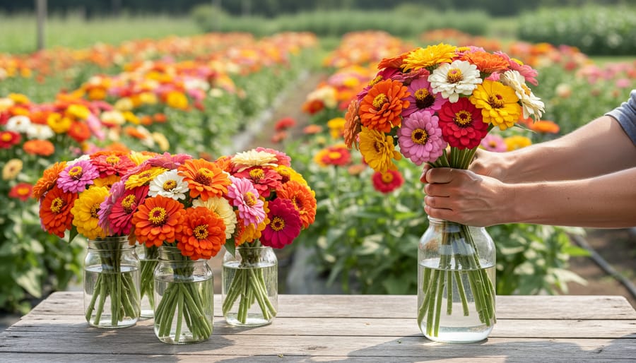 A small bouquet of vibrant zinnia flowers in pink and red tones.