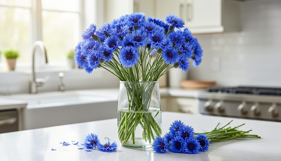 Blue bachelor’s button cornflower blossoms in a clear glass vase on a table.