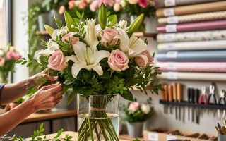 Florist hands arranging a mixed flower bouquet in a Canadian flower shop studio with greenery and roses in a glass vase.