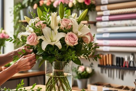 Florist hands arranging a mixed flower bouquet in a Canadian flower shop studio with greenery and roses in a glass vase.