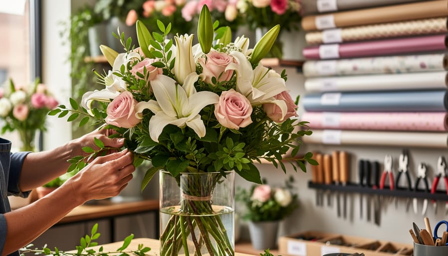 Florist hands arranging a mixed flower bouquet in a Canadian flower shop studio with greenery and roses in a glass vase.