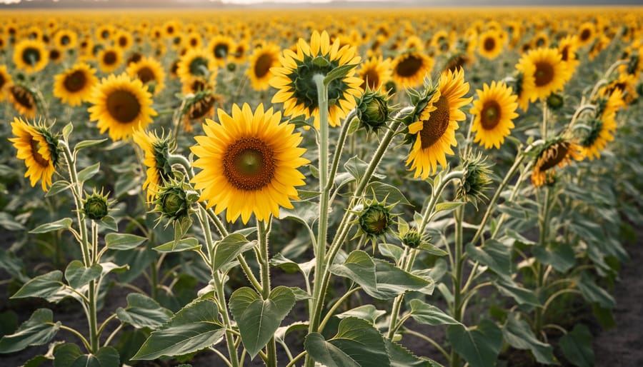 Close-up view of branching dwarf sunflowers with multiple yellow blooms in a garden.