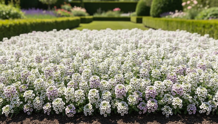 Close view of sweet alyssum flowers covering the ground with white and pink blossoms.