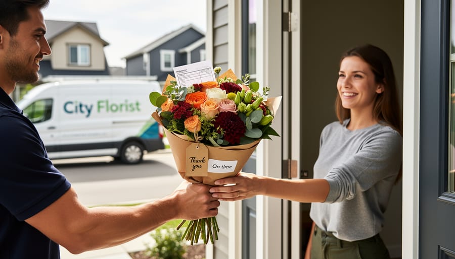 Florist holding a wrapped bouquet near an open van door with blurred street background