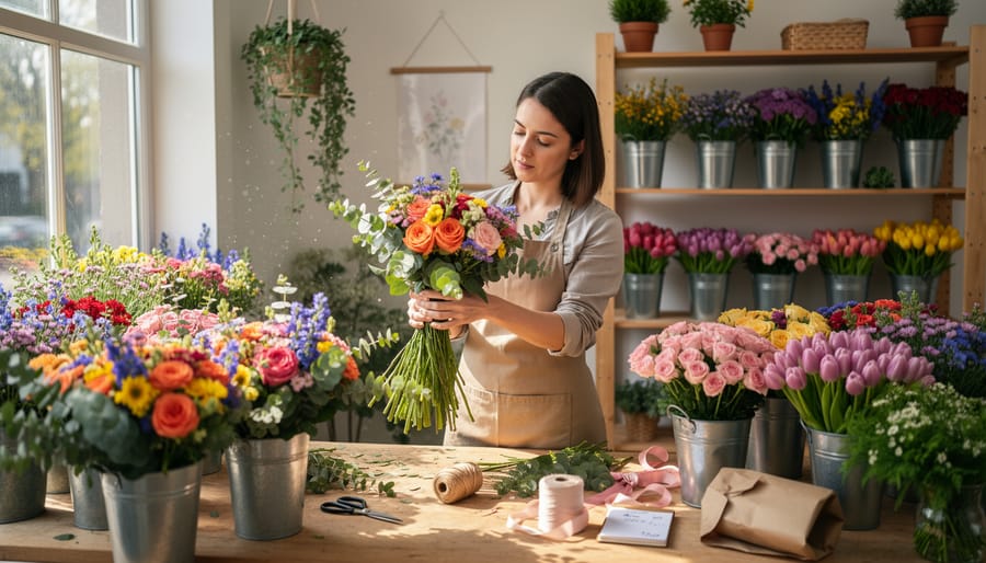 Florist’s hands arranging a mixed bouquet at a wooden worktable inside a flower shop