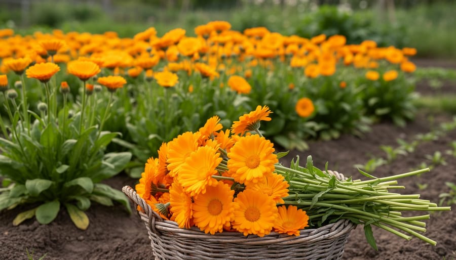 Gardener hand picking orange calendula flowers from a garden bed.
