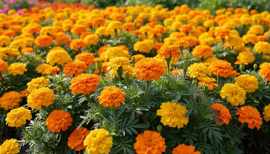 Marigold flowers blooming in a garden bed with yellow and orange blossoms.