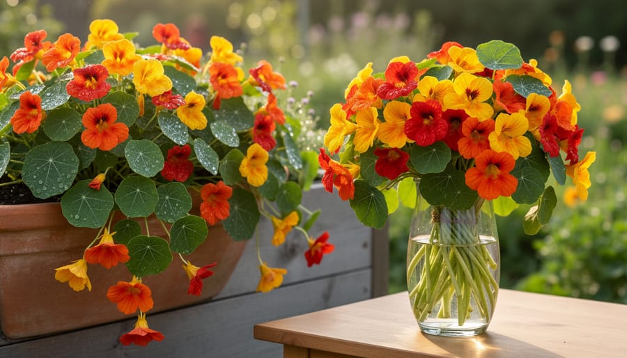 Orange and red nasturtium flowers with trailing vines in a sunny garden container.
