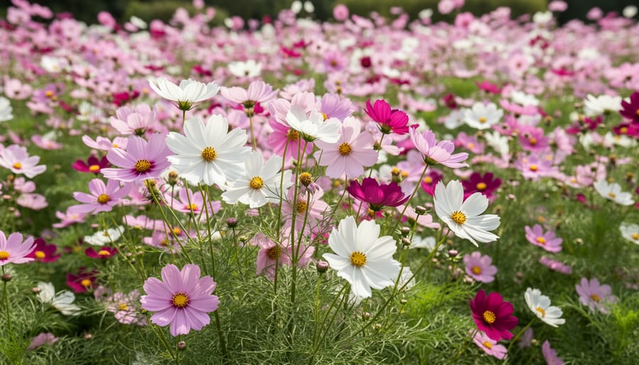 Pink and white cosmos flowers blooming with feathery green foliage in a garden.