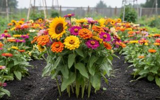 Close-up view of sunflowers, zinnias, and cosmos growing in a Canadian cutting garden bed with long stems and vibrant summer colors.