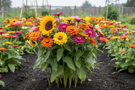 Close-up view of sunflowers, zinnias, and cosmos growing in a Canadian cutting garden bed with long stems and vibrant summer colors.