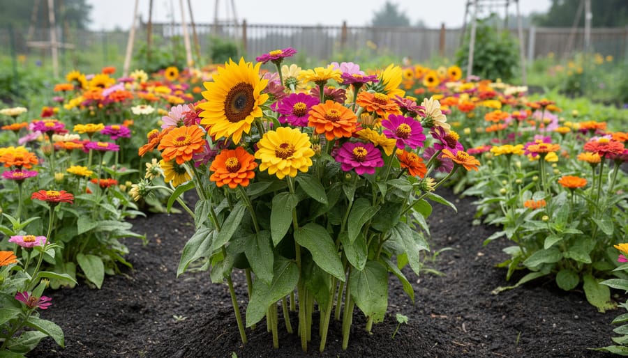 Close-up view of sunflowers, zinnias, and cosmos growing in a Canadian cutting garden bed with long stems and vibrant summer colors.
