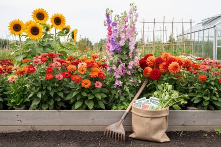 Colorful cut-flower plants in a Canadian garden bed, including sunflowers, zinnias, dahlias, and sweet peas, with gardening tools and a seed basket nearby.