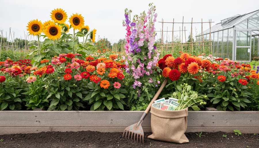 Colorful cut-flower plants in a Canadian garden bed, including sunflowers, zinnias, dahlias, and sweet peas, with gardening tools and a seed basket nearby.