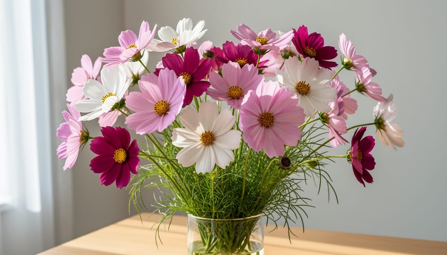 Airy cosmos flowers in white, lavender, and magenta in a garden bed under warm sunlight.