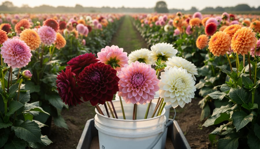Close view of vivid dahlia blooms in a garden with lush green leaves.