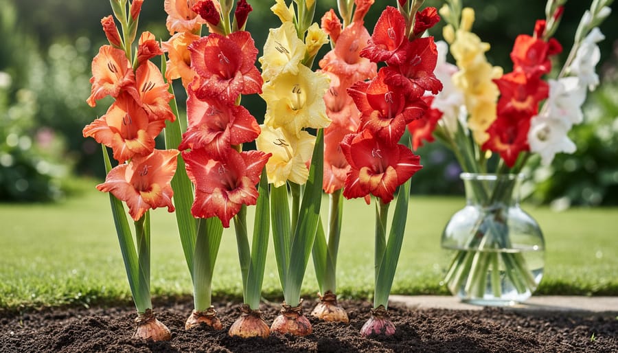 Gladiolus flower spikes growing in rows with detailed blooms and green foliage.