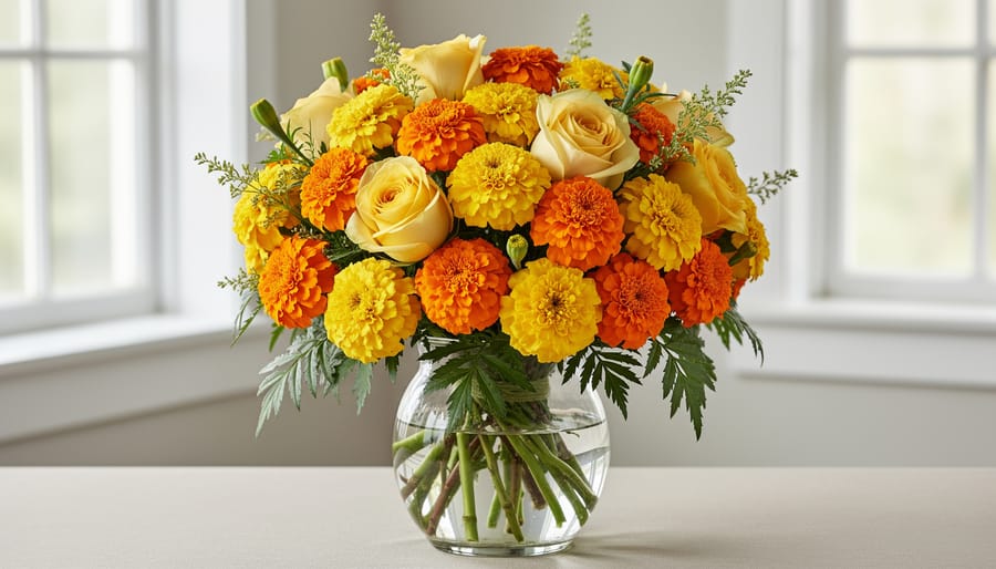 Marigold flowers in orange and yellow filling a garden bed with dense blooms.