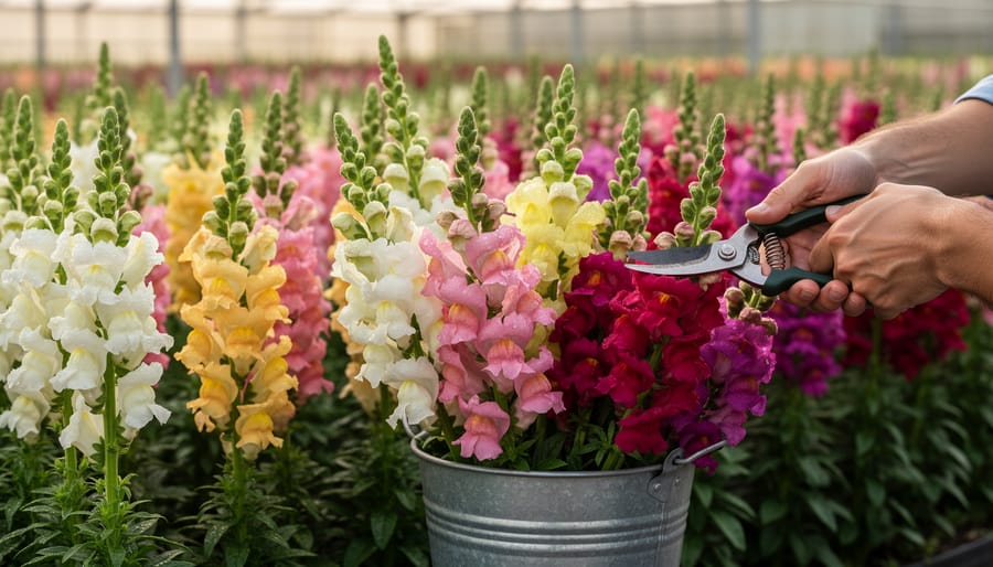 Snapdragon flower spikes in mixed colors growing in a garden bed during cool-season weather.