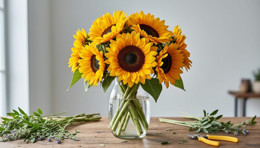 Sunflower blooms with vibrant yellow petals and dark centers in a garden with lush green leaves.