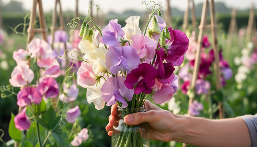 Sweet pea flowers climbing a trellis with pastel-colored blossoms in a garden.