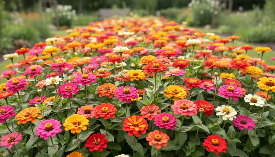 Close view of a zinnia flower garden bed with many colorful blossoms suitable for cutting.