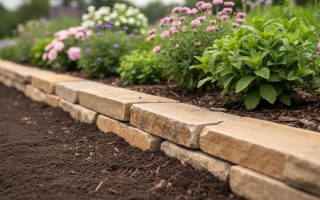Close-up of natural stone and cedar garden edging forming a neat border around a flower bed with dark soil and green plants in soft daylight.