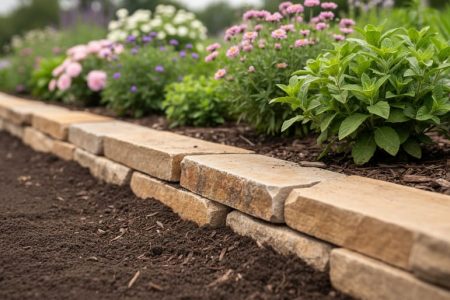 Close-up of natural stone and cedar garden edging forming a neat border around a flower bed with dark soil and green plants in soft daylight.