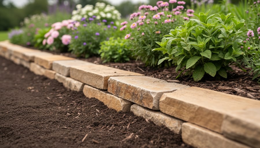 Close-up of natural stone and cedar garden edging forming a neat border around a flower bed with dark soil and green plants in soft daylight.