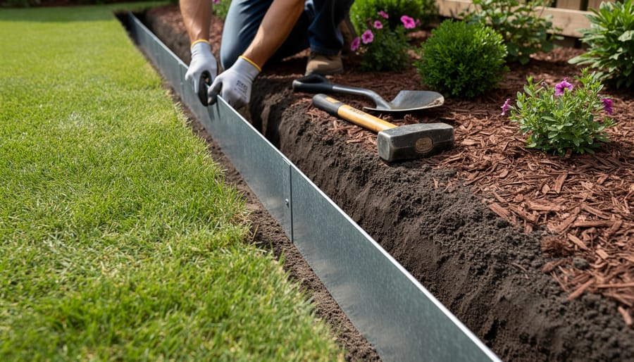 Close-up of hands installing a metal edging strip into a dug flower bed border trench
