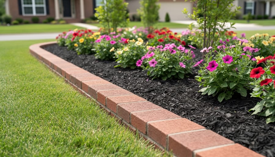 Flower bed with a neat reclaimed brick edging border keeping mulch and soil contained