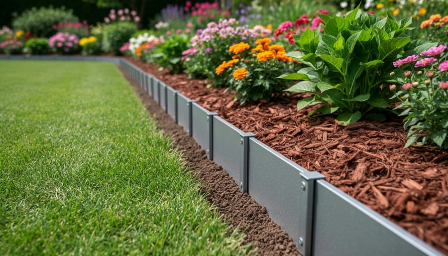 Garden edging border holding steady with securely set stones and compacted soil around flower beds