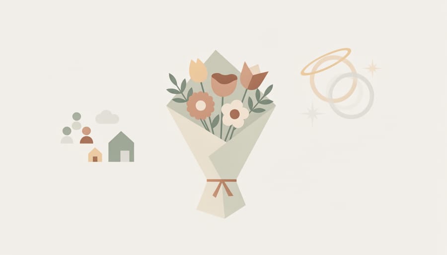 Bouquet placed on a doorstep next to an envelope and payment receipt without readable text