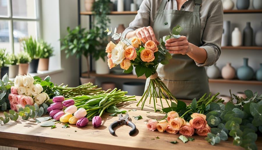 Florist arranging a bouquet of fresh flowers at a flower shop counter with bright blooms in focus