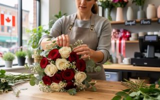 A florist arranging a mixed bouquet of roses and greens on a worktable inside a flower shop.