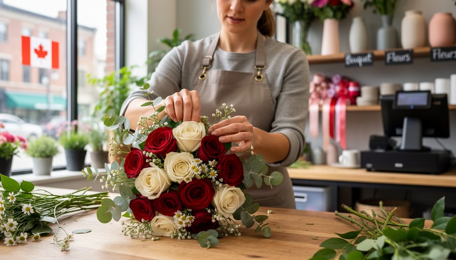 A florist arranging a mixed bouquet of roses and greens on a worktable inside a flower shop.