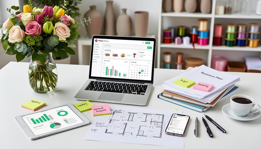 Open notebook and planning binder on a wooden table next to a laptop, with flowers and supplies nearby